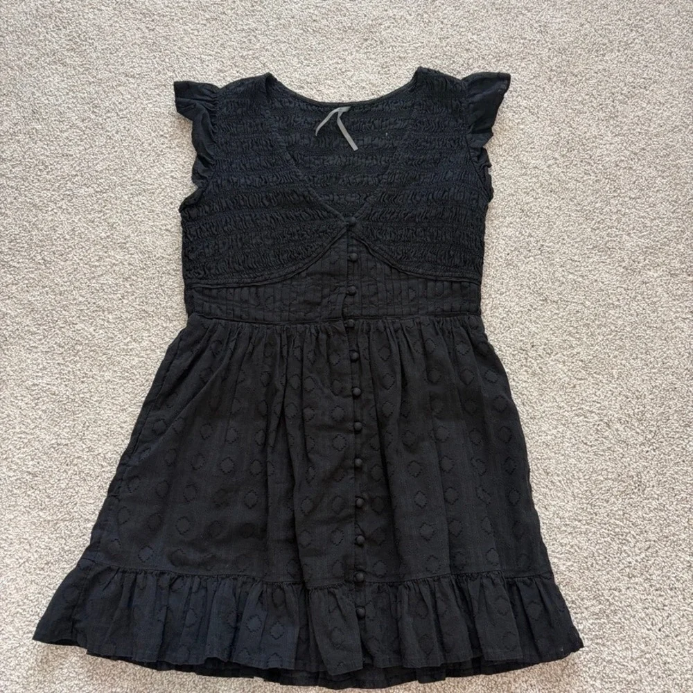 Anthropologie Peregrine Mini Dress Womens M Petite Black Smocked Coquette LBD - Picture 1 of 8